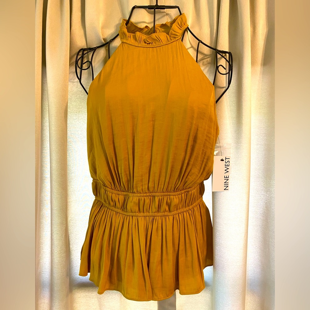 NWT Nine West Mustard Yellow Halter Silky Tank Sleeveless Blouse